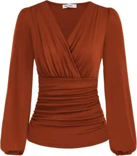 GRACE KARIN 2025 Womens Tops Summer Wrap Blouse V Neck Work Shirt Long Sleeve Dressy Casual Ruched Top Trendy Fashion Outfits