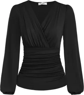 GRACE KARIN 2025 Womens Tops Summer Wrap Blouse V Neck Work Shirt Long Sleeve Dressy Casual Ruched Top Trendy Fashion Outfits
