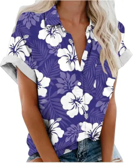 Hawaiian Shirts for Women Button Down Short Sleeve V Neck T Shirts Boho Floral Print Summer Blouses with Pockets