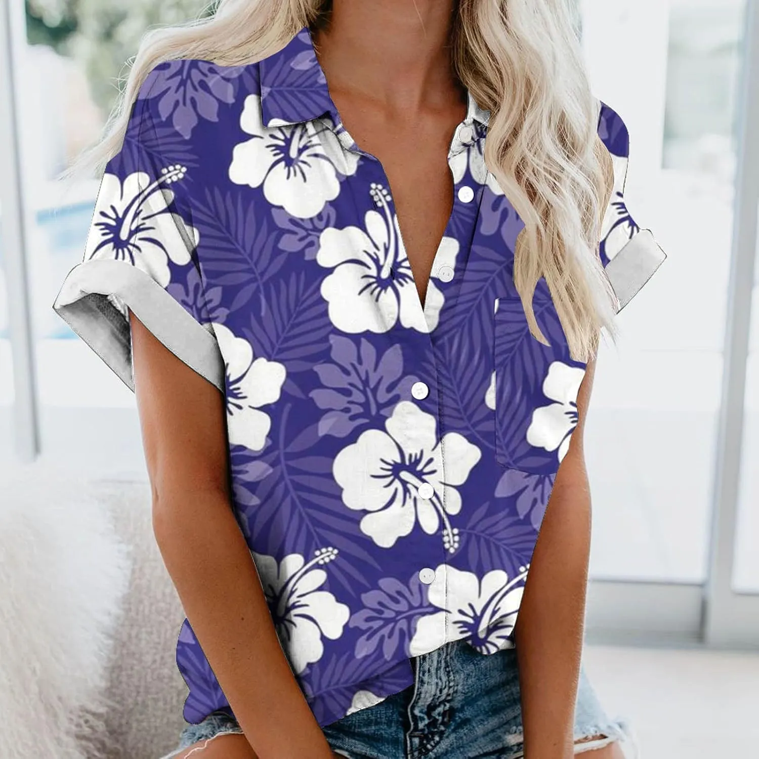 Hawaiian Shirts for Women Button Down Short Sleeve V Neck T Shirts Boho Floral Print Summer Blouses with Pockets