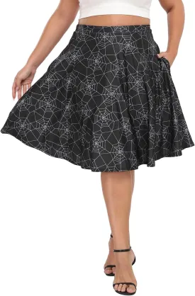 HDE Womens Plus Size Midi Skater Skirt High Waist Knee Length Skirt with Pockets