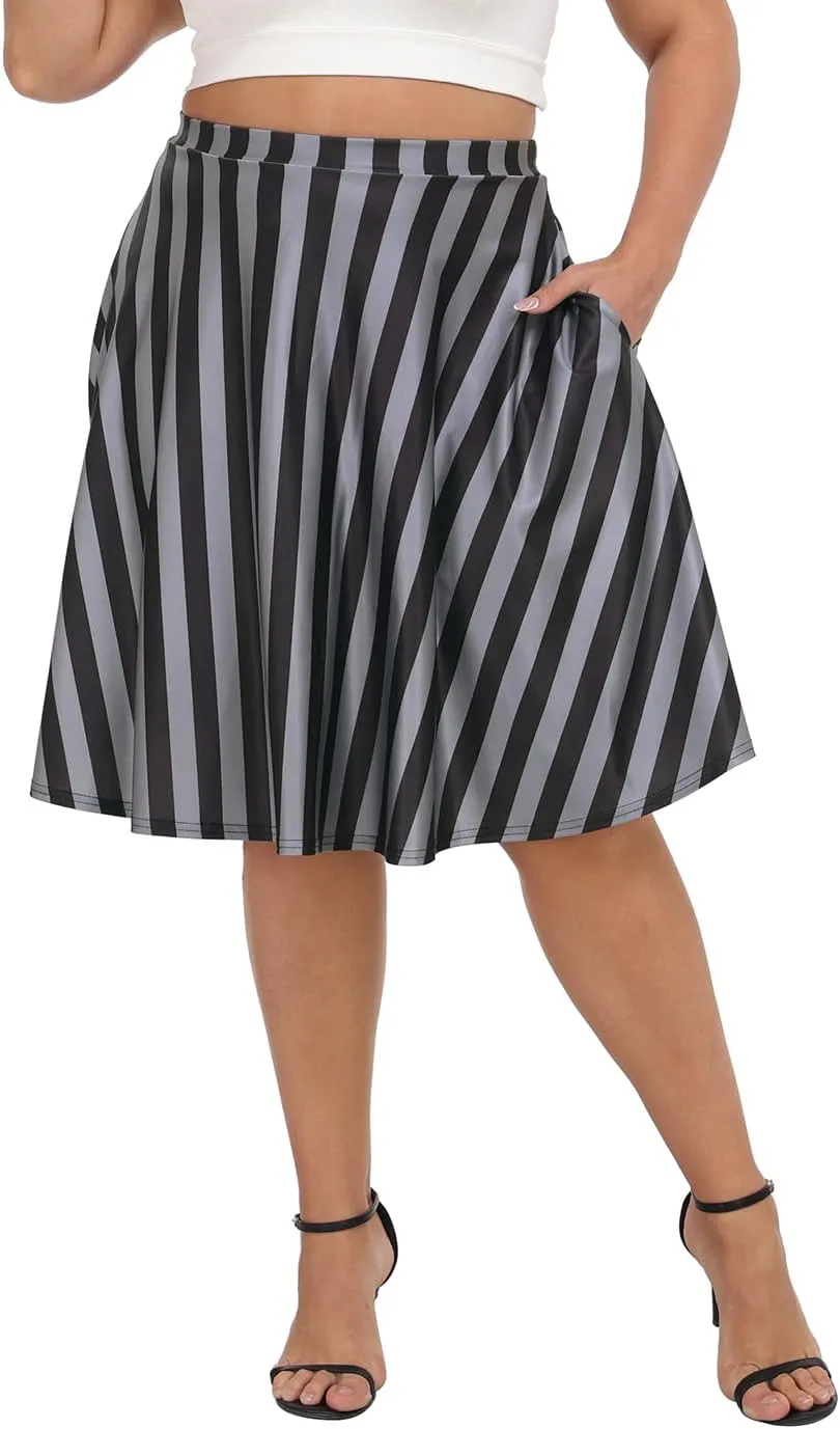 HDE Womens Plus Size Midi Skater Skirt High Waist Knee Length Skirt with Pockets
