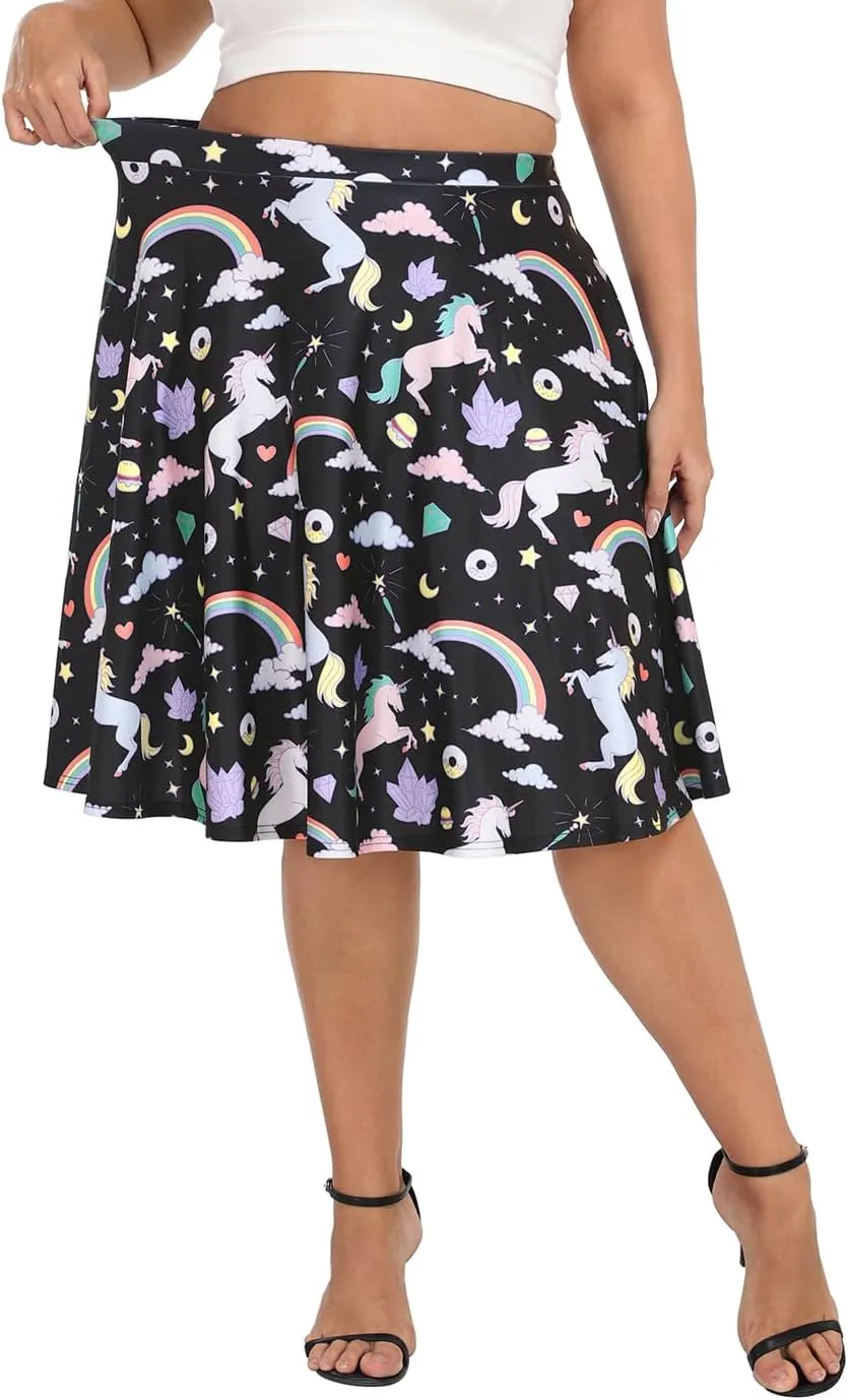 HDE Womens Plus Size Midi Skater Skirt High Waist Knee Length Skirt with Pockets