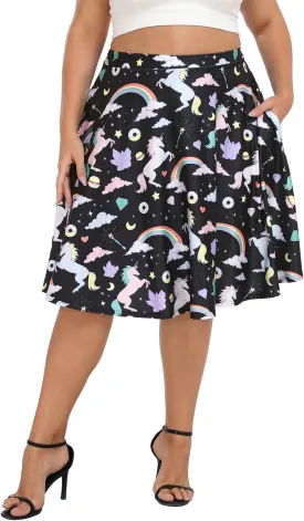 HDE Womens Plus Size Midi Skater Skirt High Waist Knee Length Skirt with Pockets