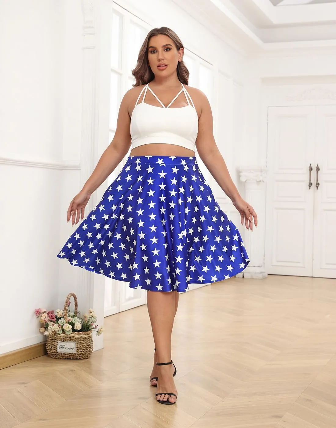 HDE Womens Plus Size Midi Skater Skirt High Waist Knee Length Skirt with Pockets