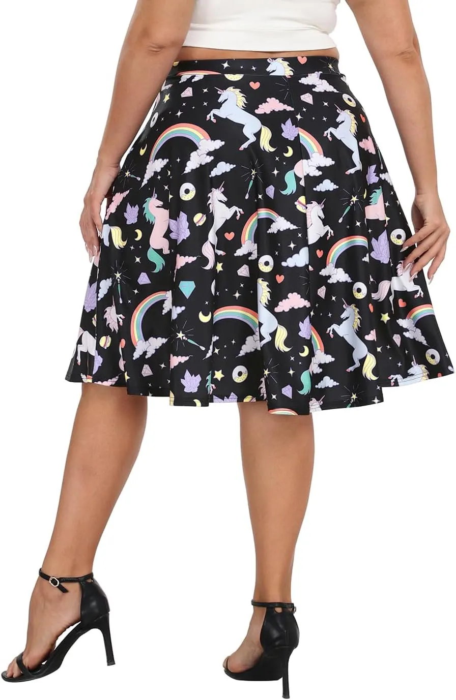 HDE Womens Plus Size Midi Skater Skirt High Waist Knee Length Skirt with Pockets