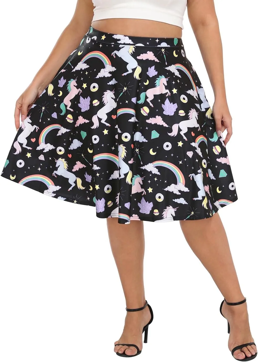 HDE Womens Plus Size Midi Skater Skirt High Waist Knee Length Skirt with Pockets