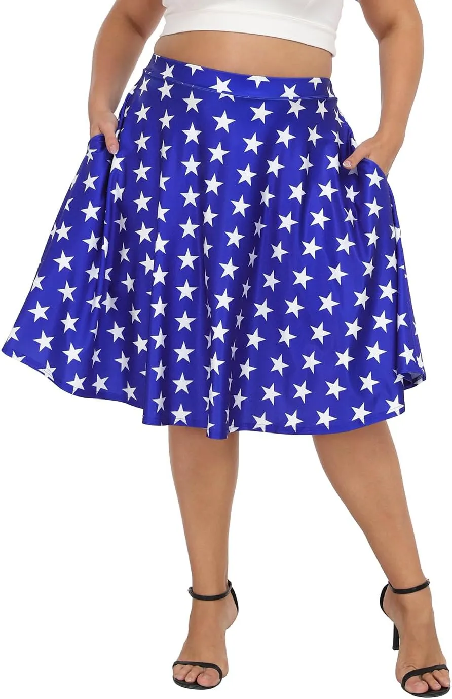 HDE Womens Plus Size Midi Skater Skirt High Waist Knee Length Skirt with Pockets