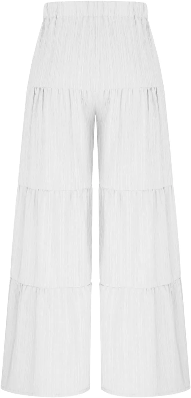 JOAU Women's Flowy Boho Elastic High Waist Ruffle Hem Wide Leg Beach Loose Palazzo Pants Summer Baggy Tiered Flared Trousers