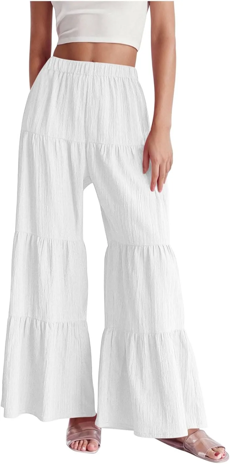 JOAU Women's Flowy Boho Elastic High Waist Ruffle Hem Wide Leg Beach Loose Palazzo Pants Summer Baggy Tiered Flared Trousers