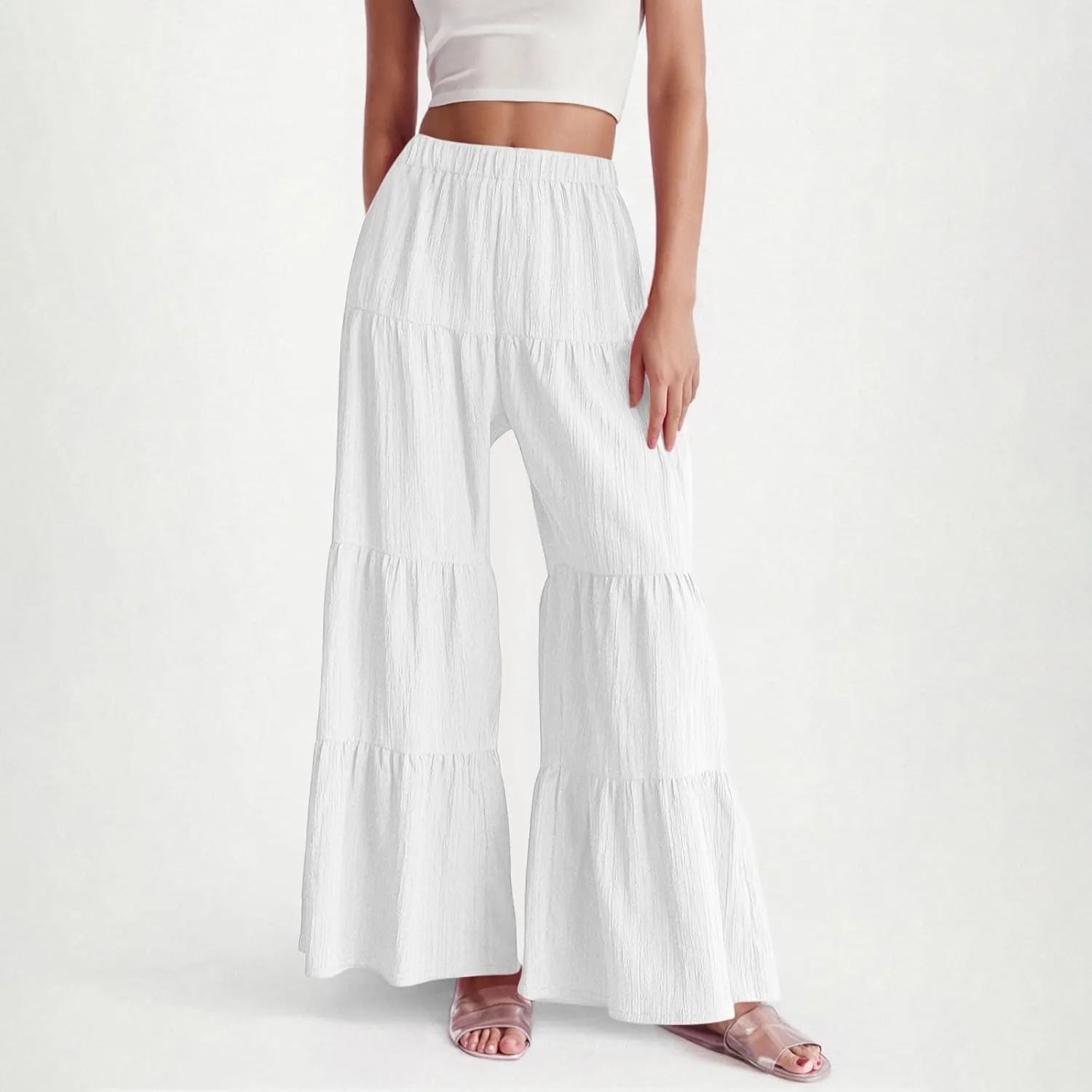 JOAU Women's Flowy Boho Elastic High Waist Ruffle Hem Wide Leg Beach Loose Palazzo Pants Summer Baggy Tiered Flared Trousers