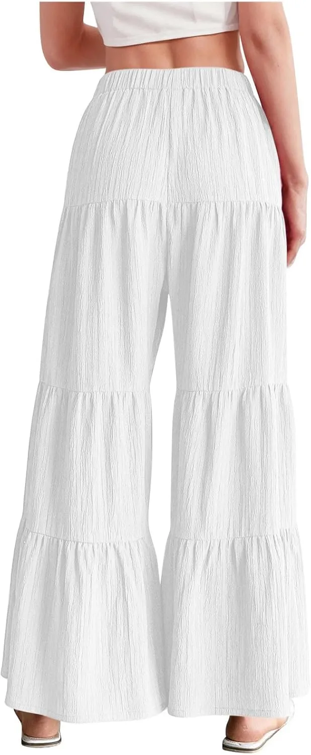 JOAU Women's Flowy Boho Elastic High Waist Ruffle Hem Wide Leg Beach Loose Palazzo Pants Summer Baggy Tiered Flared Trousers