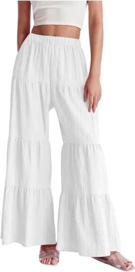 JOAU Women's Flowy Boho Elastic High Waist Ruffle Hem Wide Leg Beach Loose Palazzo Pants Summer Baggy Tiered Flared Trousers