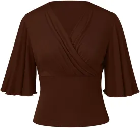 KORSIS Women Tops Wrap Blouse 3/4 Sleeve Long Ruffle Sleeve V Neck Dressy Casual Summer Elasticity T-Shirt (S-2XL)