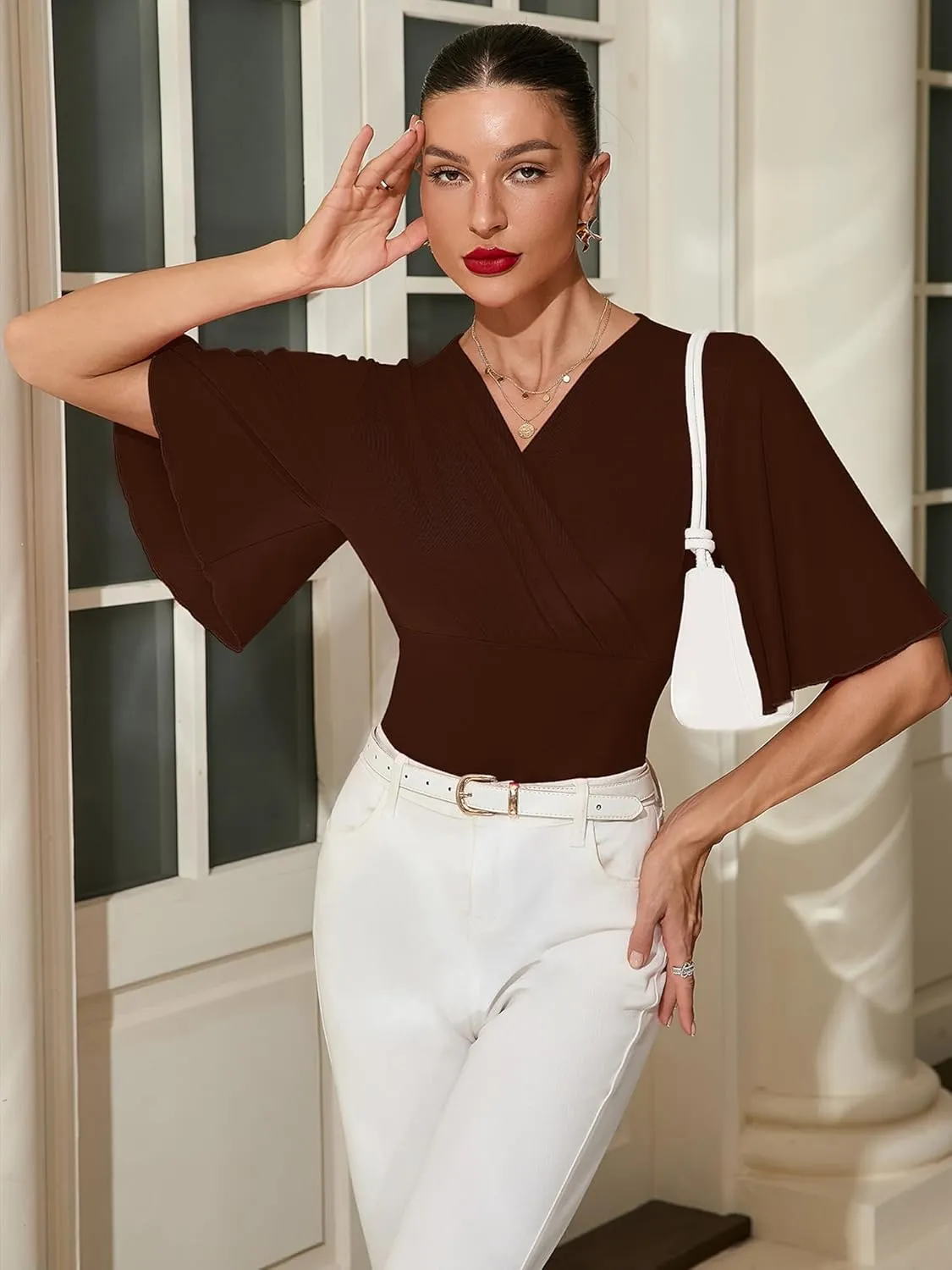 KORSIS Women Tops Wrap Blouse 3/4 Sleeve Long Ruffle Sleeve V Neck Dressy Casual Summer Elasticity T-Shirt (S-2XL)