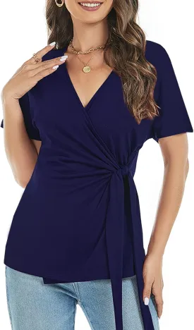 LEIYEE Womens Summer V Neck Short Sleeve Wrap Tops Casual Cute Front Twist Tie Knot Shirts Blouse