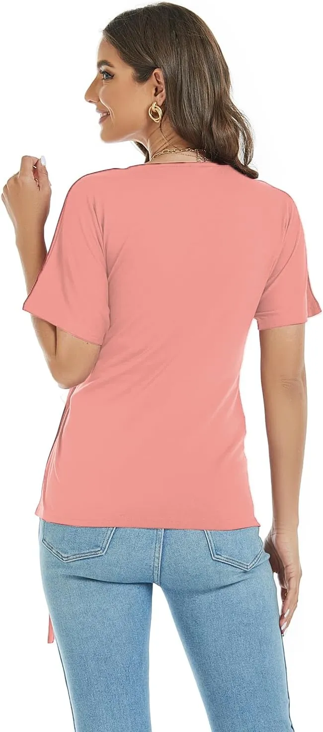 LEIYEE Womens Summer V Neck Short Sleeve Wrap Tops Casual Cute Front Twist Tie Knot Shirts Blouse