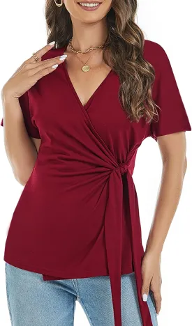 LEIYEE Womens Summer V Neck Short Sleeve Wrap Tops Casual Cute Front Twist Tie Knot Shirts Blouse