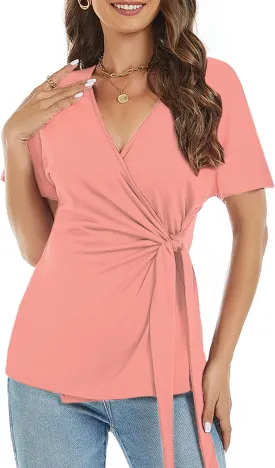 LEIYEE Womens Summer V Neck Short Sleeve Wrap Tops Casual Cute Front Twist Tie Knot Shirts Blouse
