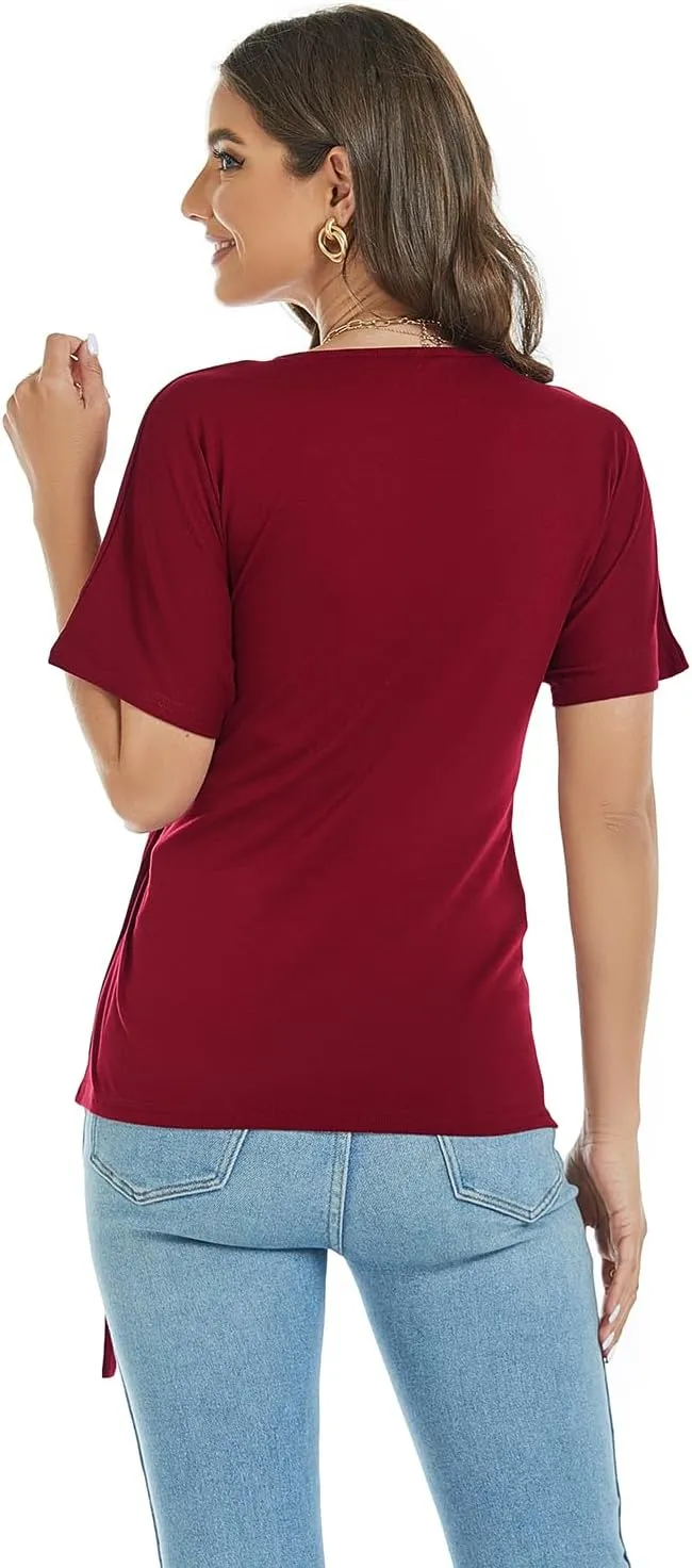 LEIYEE Womens Summer V Neck Short Sleeve Wrap Tops Casual Cute Front Twist Tie Knot Shirts Blouse