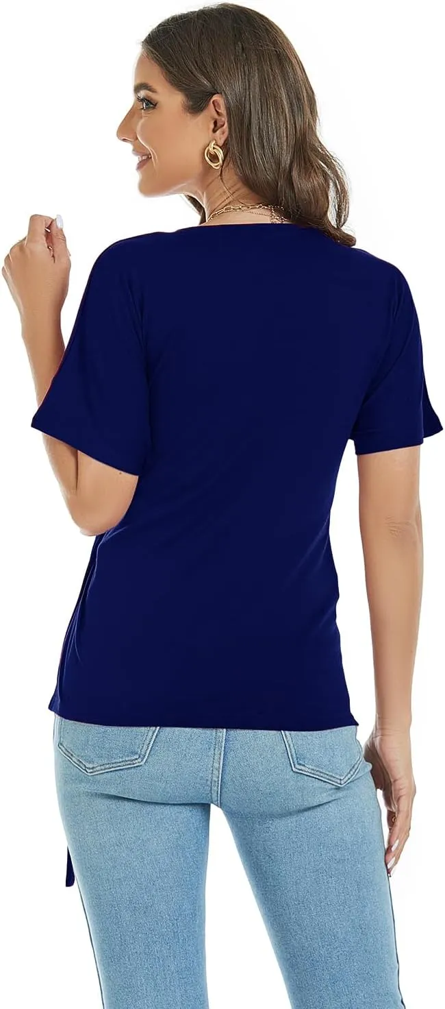 LEIYEE Womens Summer V Neck Short Sleeve Wrap Tops Casual Cute Front Twist Tie Knot Shirts Blouse