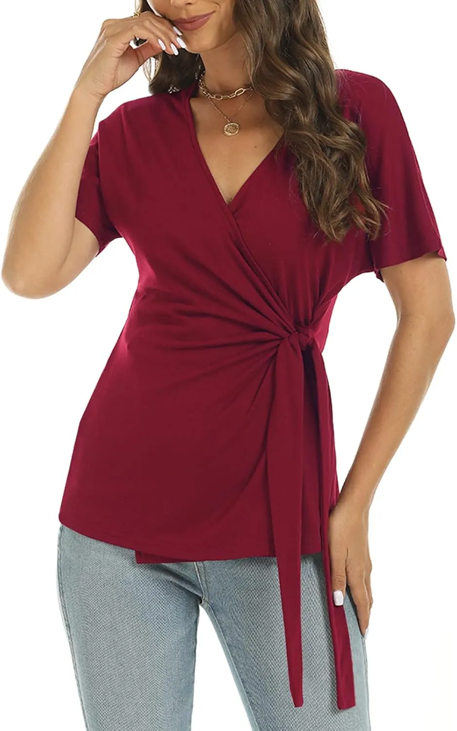 LEIYEE Womens Summer V Neck Short Sleeve Wrap Tops Casual Cute Front Twist Tie Knot Shirts Blouse