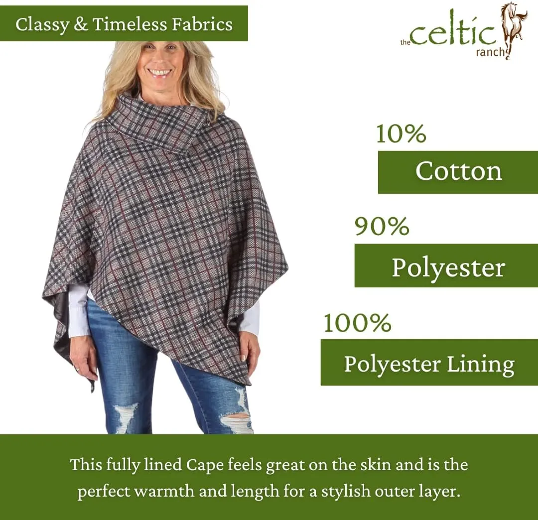 Lined Poncho Cape Coat for Women in Herringbone Wool Blends and Tartan Cotton Blend for Warmth and Style