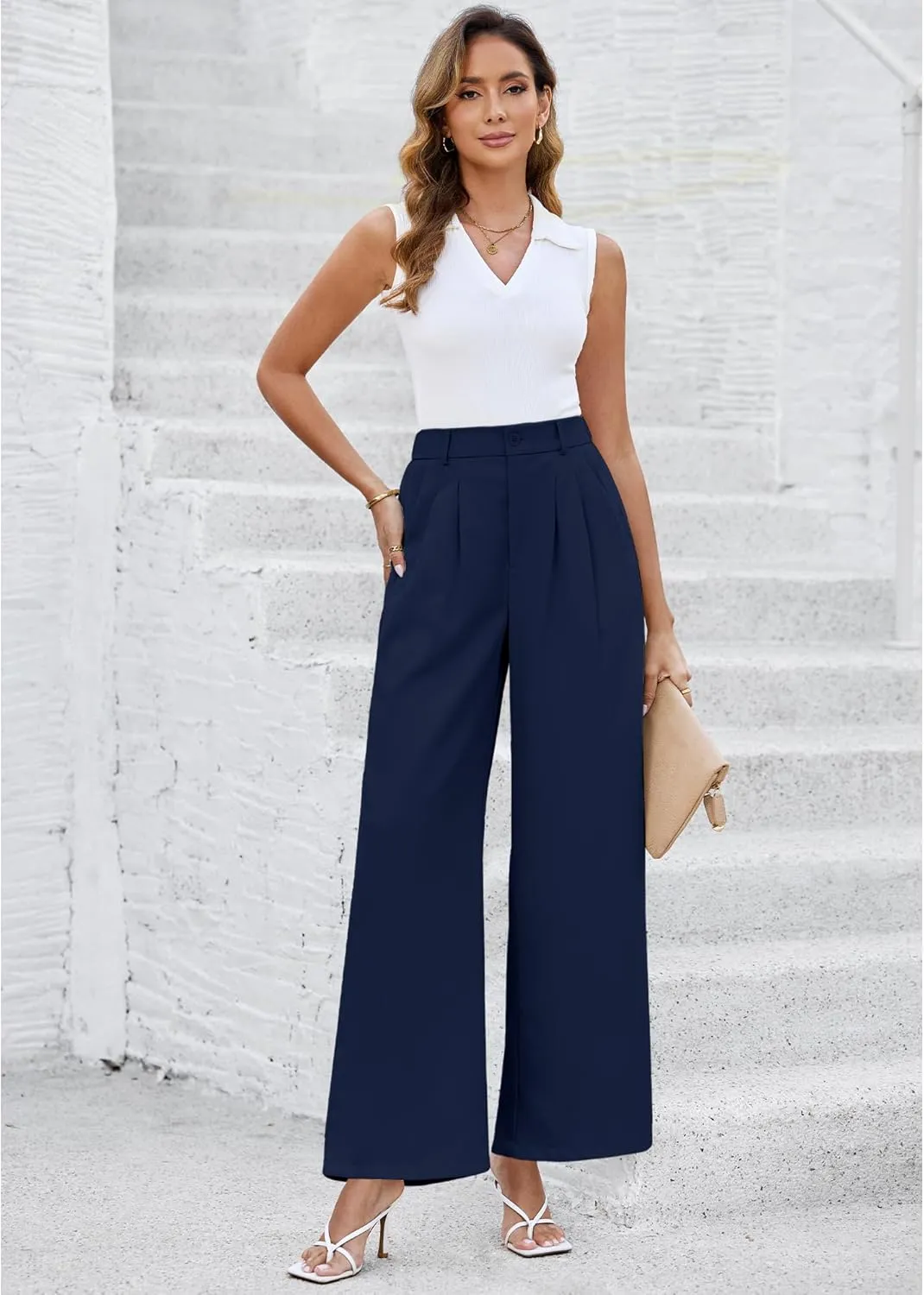 LookbookStore Wide Leg Dress Pants Woman High Waisted Business Casual Pleated Trousers Pants Loose Fit Elastic Waist