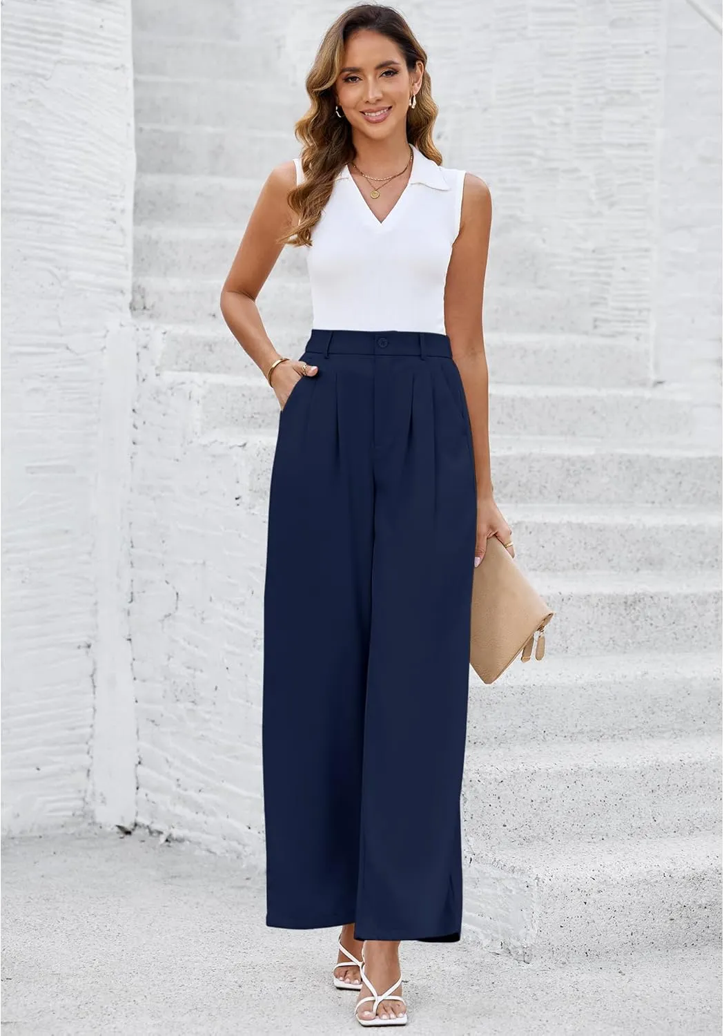LookbookStore Wide Leg Dress Pants Woman High Waisted Business Casual Pleated Trousers Pants Loose Fit Elastic Waist