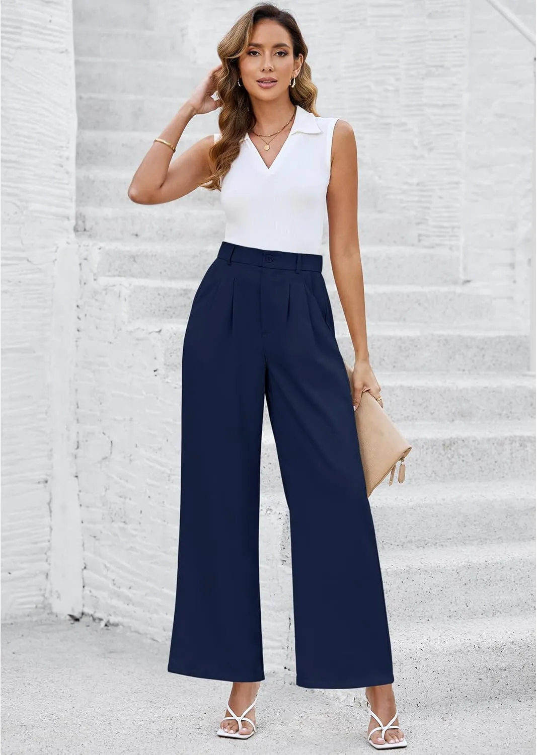 LookbookStore Wide Leg Dress Pants Woman High Waisted Business Casual Pleated Trousers Pants Loose Fit Elastic Waist