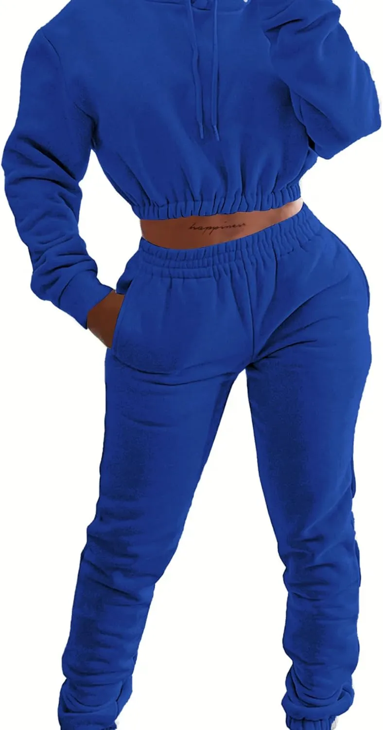 LovelyWholesale Women 2 Piece Outfits Long Sleeve Crop Hoodies and Pants Sweatsuit Set
