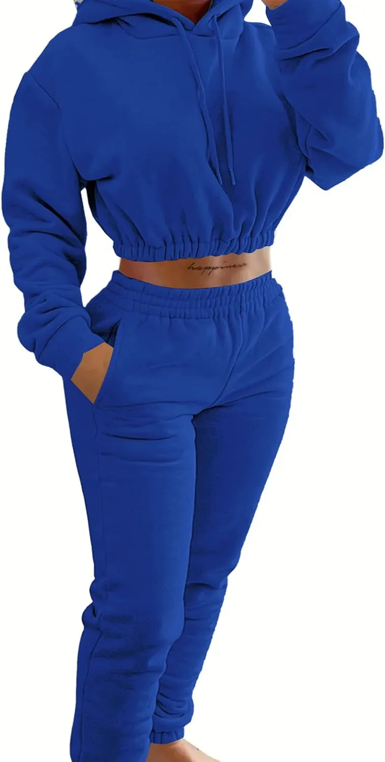 LovelyWholesale Women 2 Piece Outfits Long Sleeve Crop Hoodies and Pants Sweatsuit Set