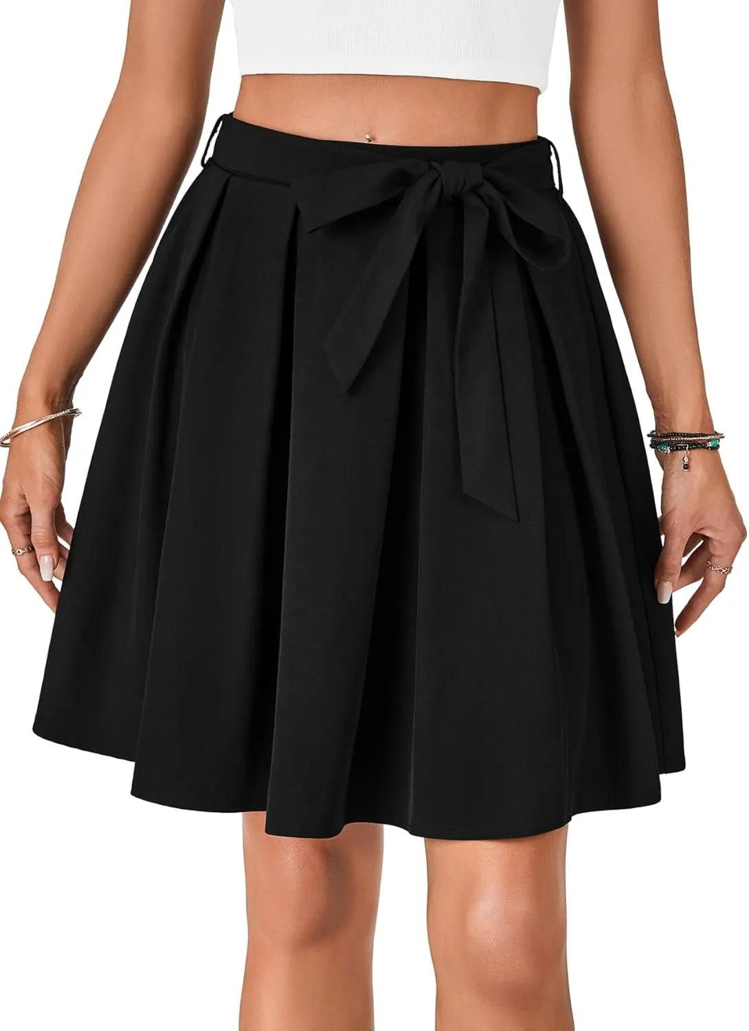 LYANER Women's High Waist Vinage Skirt A-line Flared Pleated Skater Casual Midi Skirts with Belt