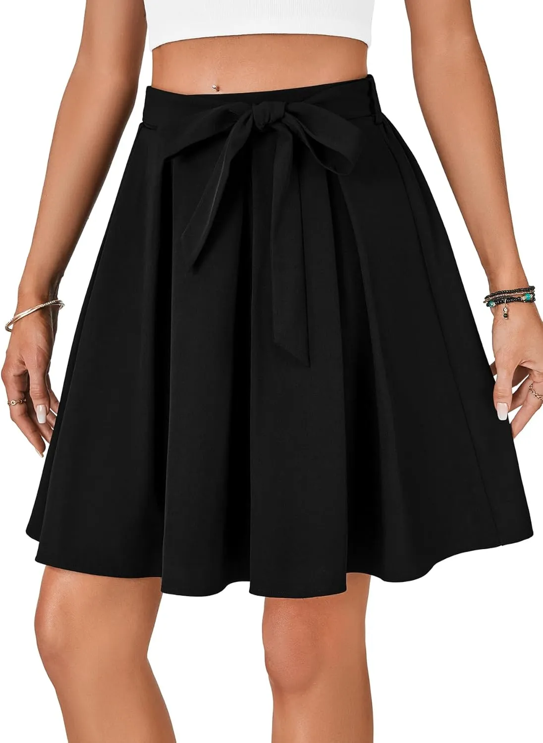 LYANER Women's High Waist Vinage Skirt A-line Flared Pleated Skater Casual Midi Skirts with Belt