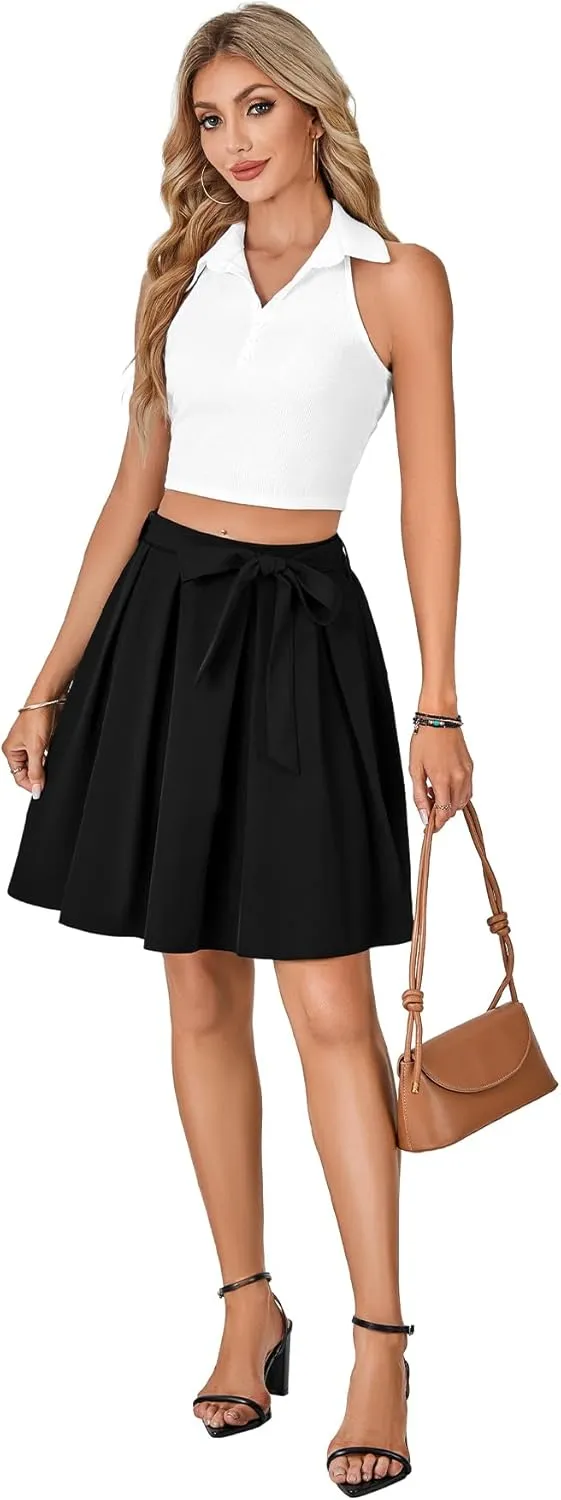 LYANER Women's High Waist Vinage Skirt A-line Flared Pleated Skater Casual Midi Skirts with Belt
