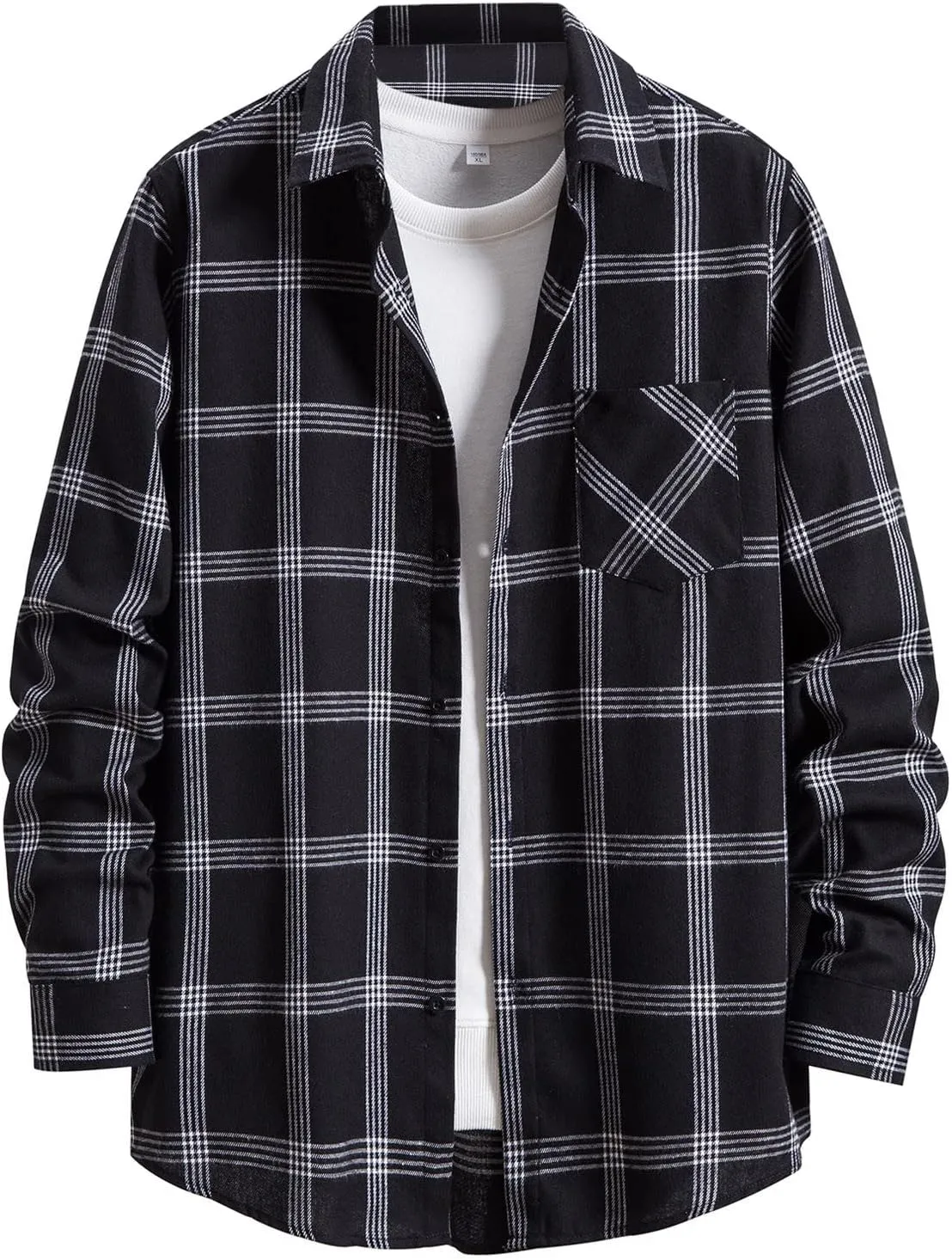 Men's Plaid Flannel Shirt Button Down Long Sleeve Regular-Fit Shacket Jacket Lapel Checked Oxford Gingham Shirts