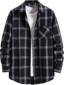 Men's Plaid Flannel Shirt Button Down Long Sleeve Regular-Fit Shacket Jacket Lapel Checked Oxford Gingham Shirts