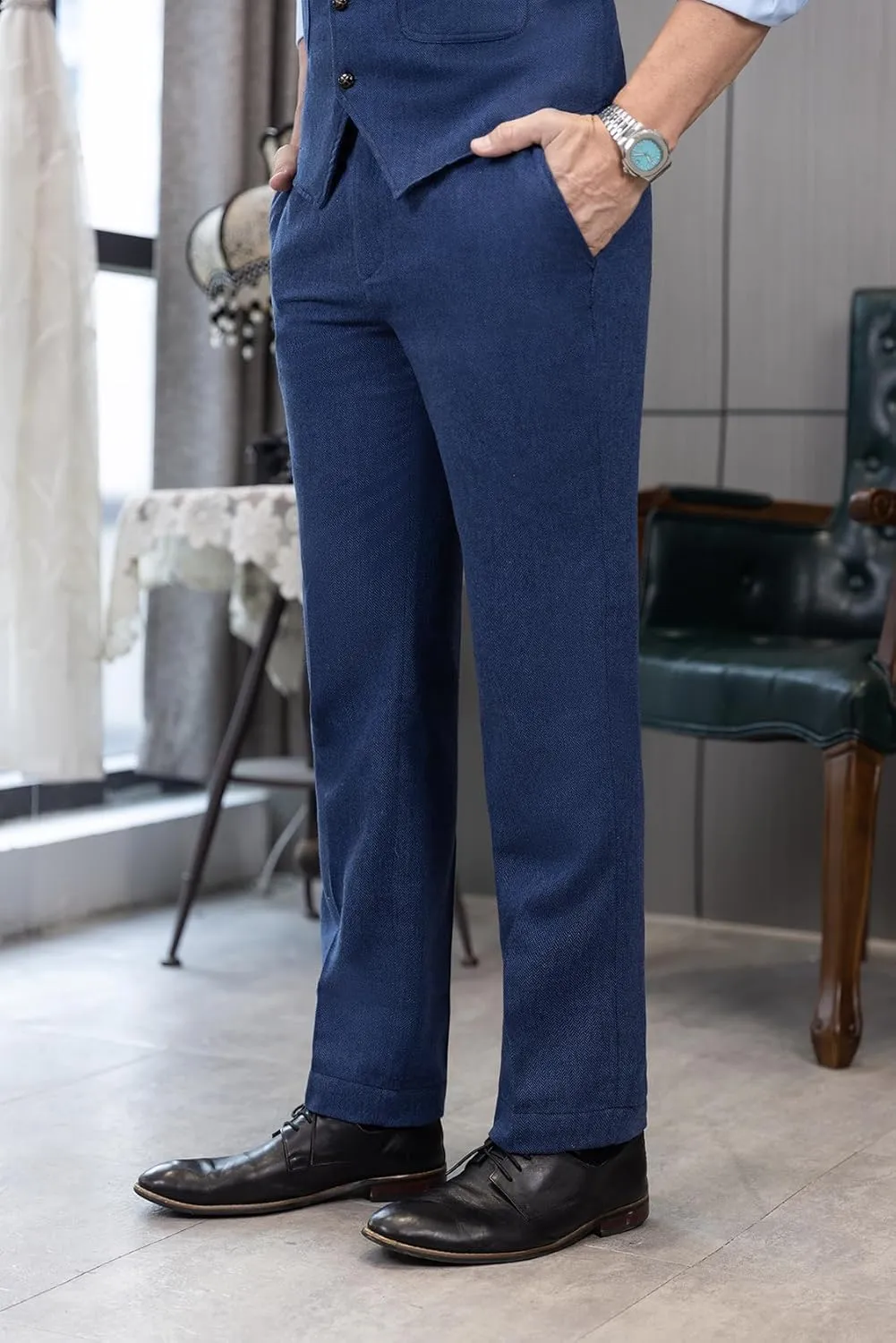 Mens Vintage Tweed Dress Pants Slacks Trousers Regular Fit Suit Pants for Men