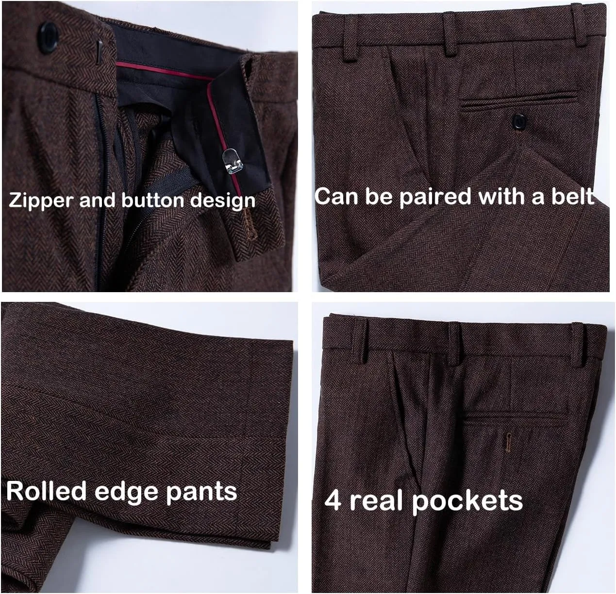 Mens Vintage Tweed Dress Pants Slacks Trousers Regular Fit Suit Pants for Men