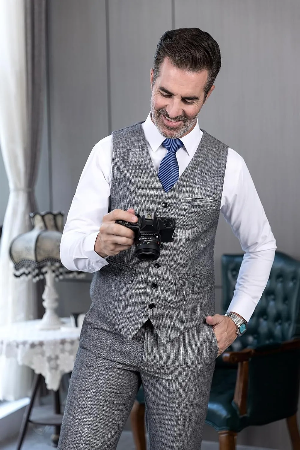 Mens Vintage Tweed Dress Pants Slacks Trousers Regular Fit Suit Pants for Men