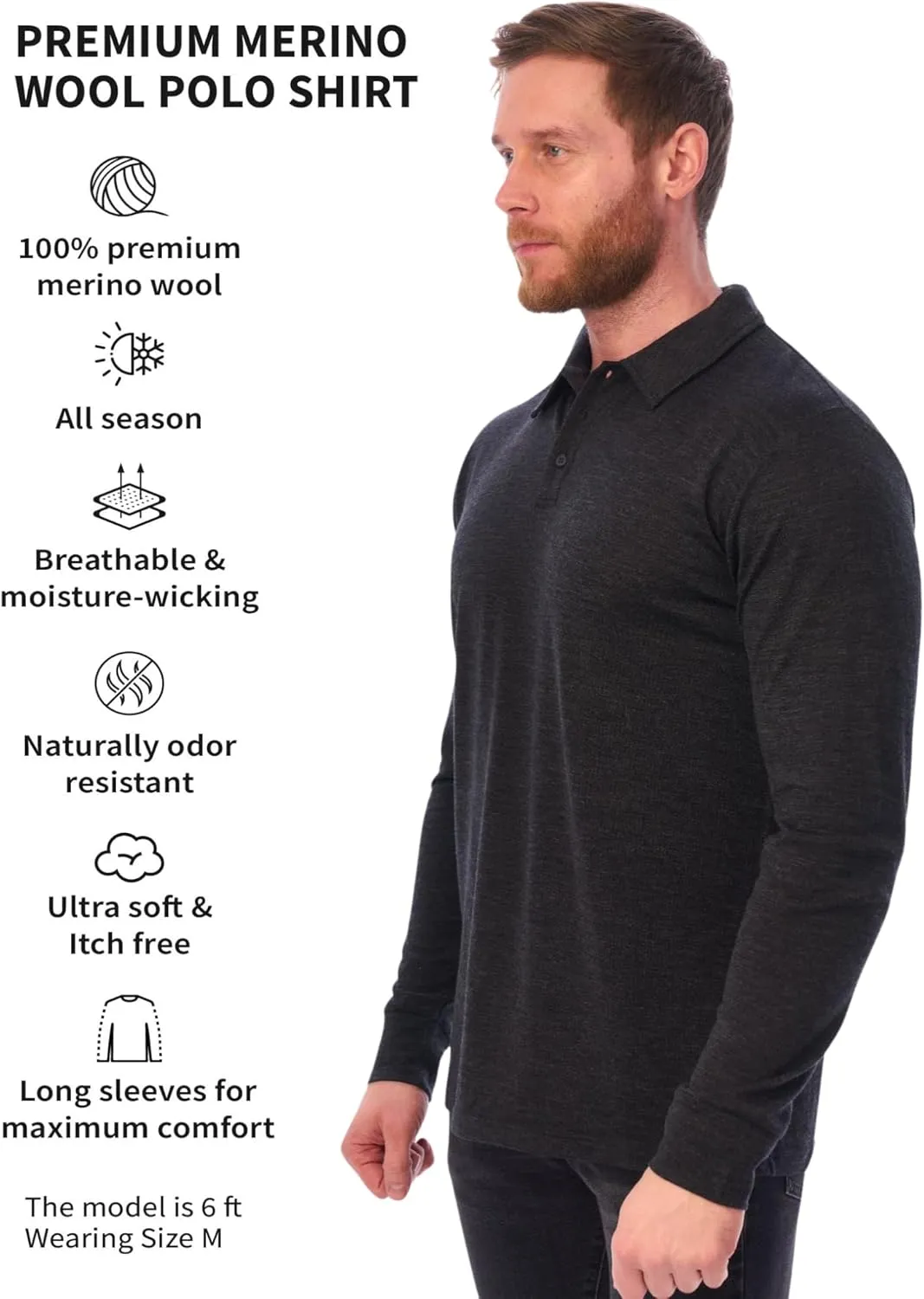 Merino Wool Polo Shirt Men - Anti-Odor 100% Merino Wool Shirts for Men Short Sleeve and Long Sleeve Breathable Polo