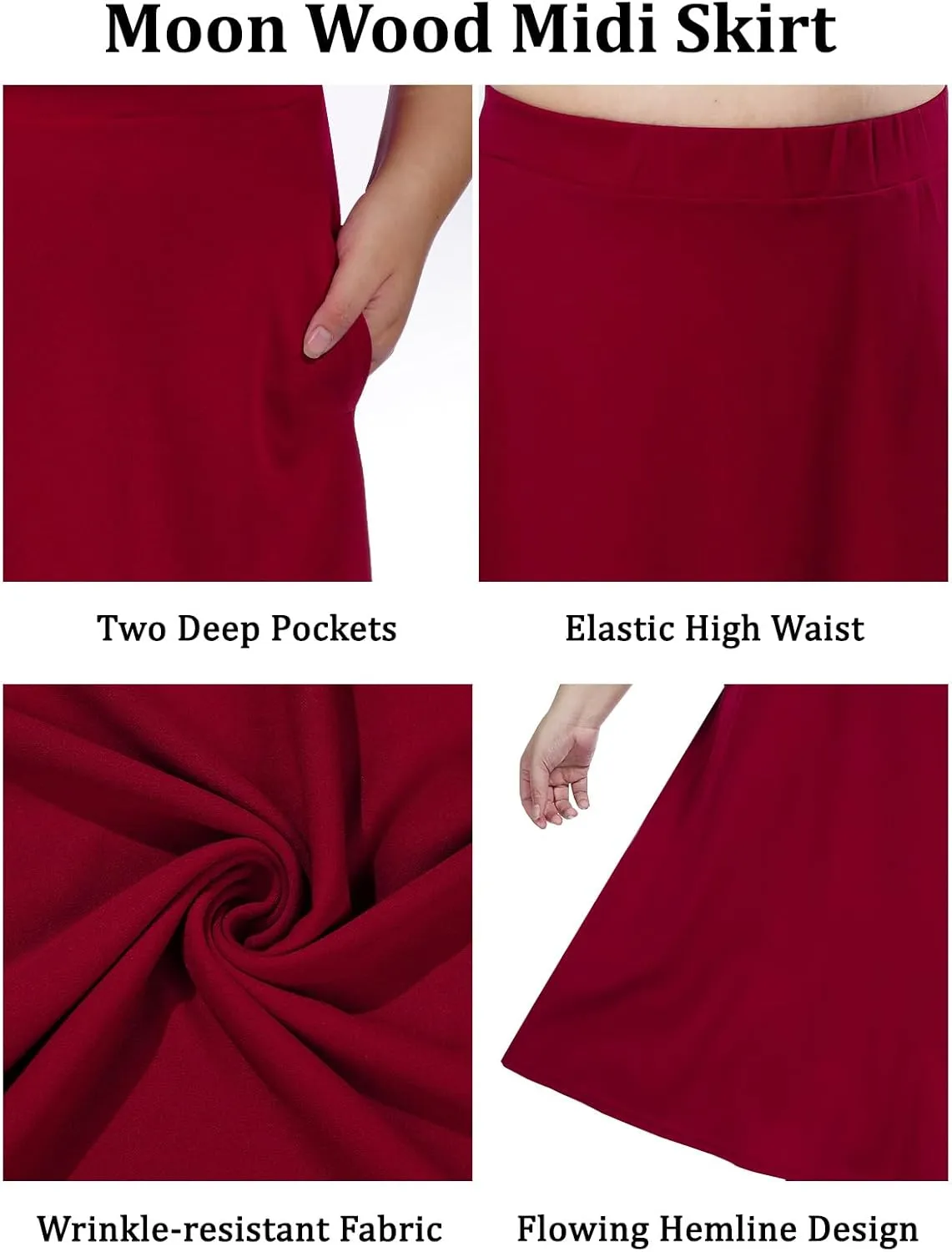 Moon Wood Women's Plus Size Midi Skirt High Elastic Waist A-Line Flared Skater Skirts with Pockets