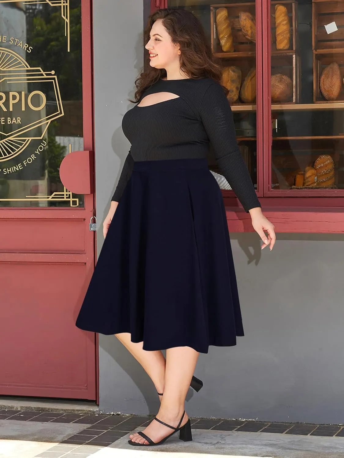 Moon Wood Women's Plus Size Midi Skirt High Elastic Waist A-Line Flared Skater Skirts with Pockets