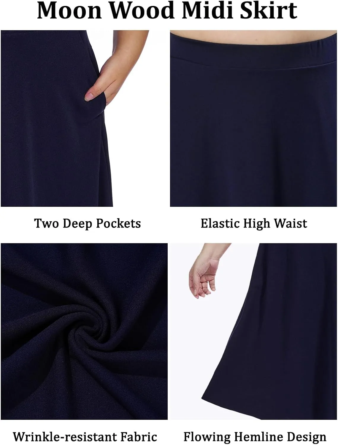 Moon Wood Women's Plus Size Midi Skirt High Elastic Waist A-Line Flared Skater Skirts with Pockets