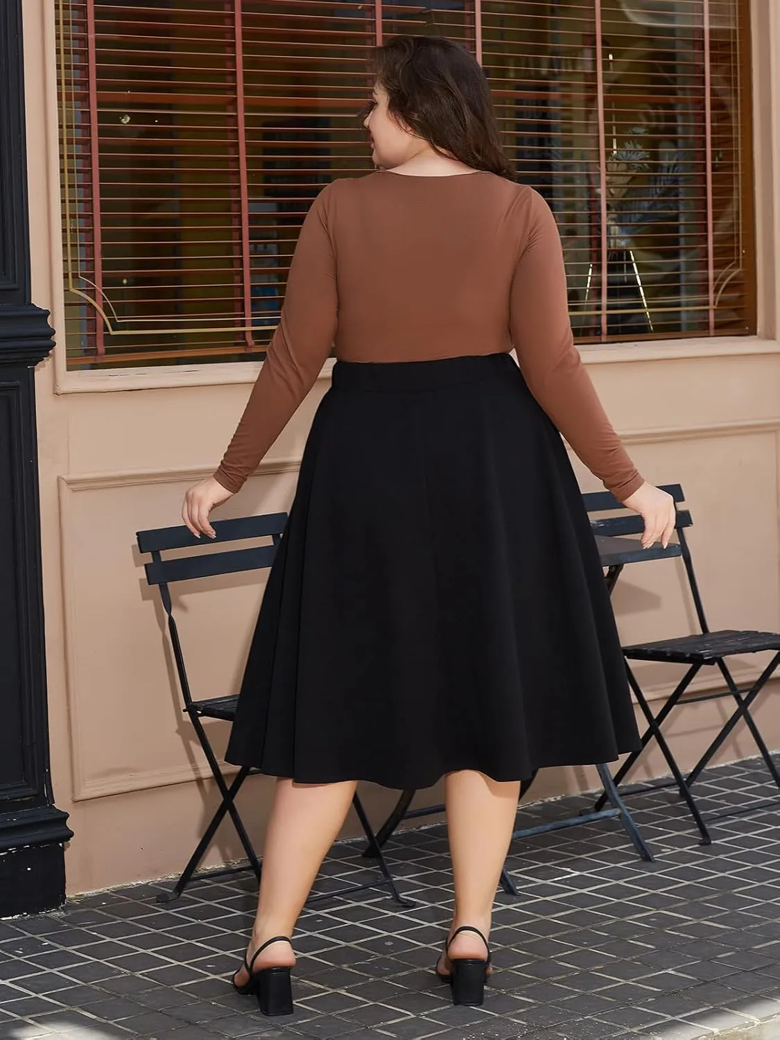 Moon Wood Women's Plus Size Midi Skirt High Elastic Waist A-Line Flared Skater Skirts with Pockets