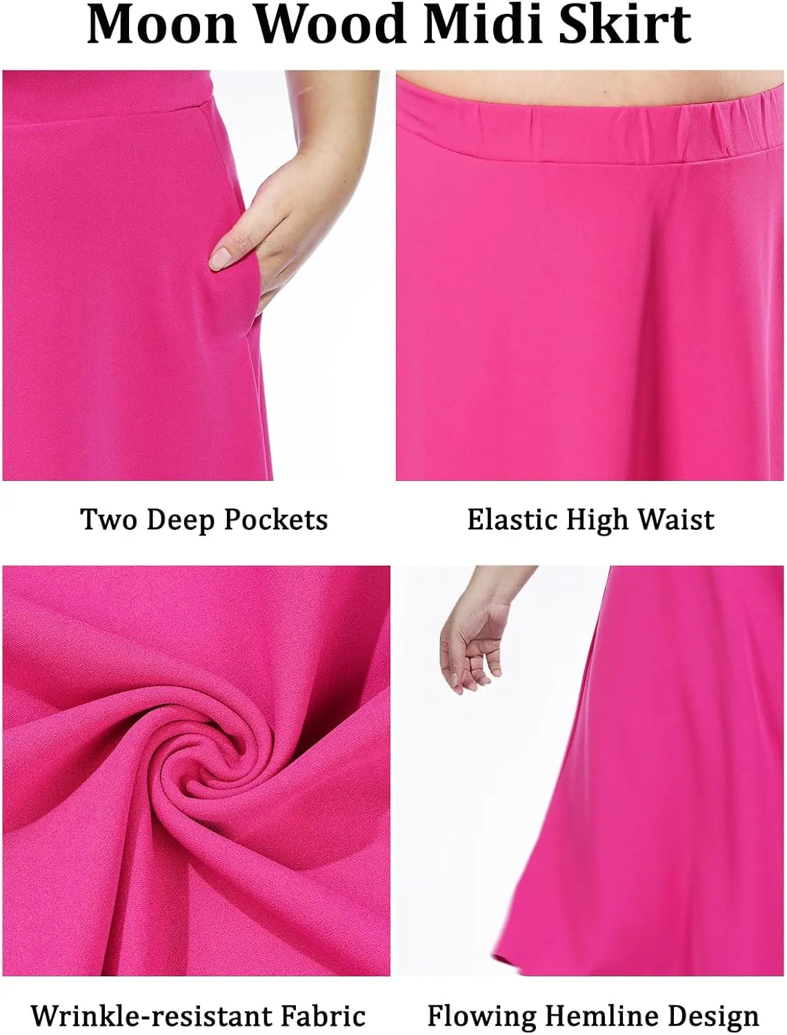 Moon Wood Women's Plus Size Midi Skirt High Elastic Waist A-Line Flared Skater Skirts with Pockets