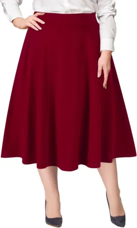 Moon Wood Women's Plus Size Midi Skirt High Elastic Waist A-Line Flared Skater Skirts with Pockets