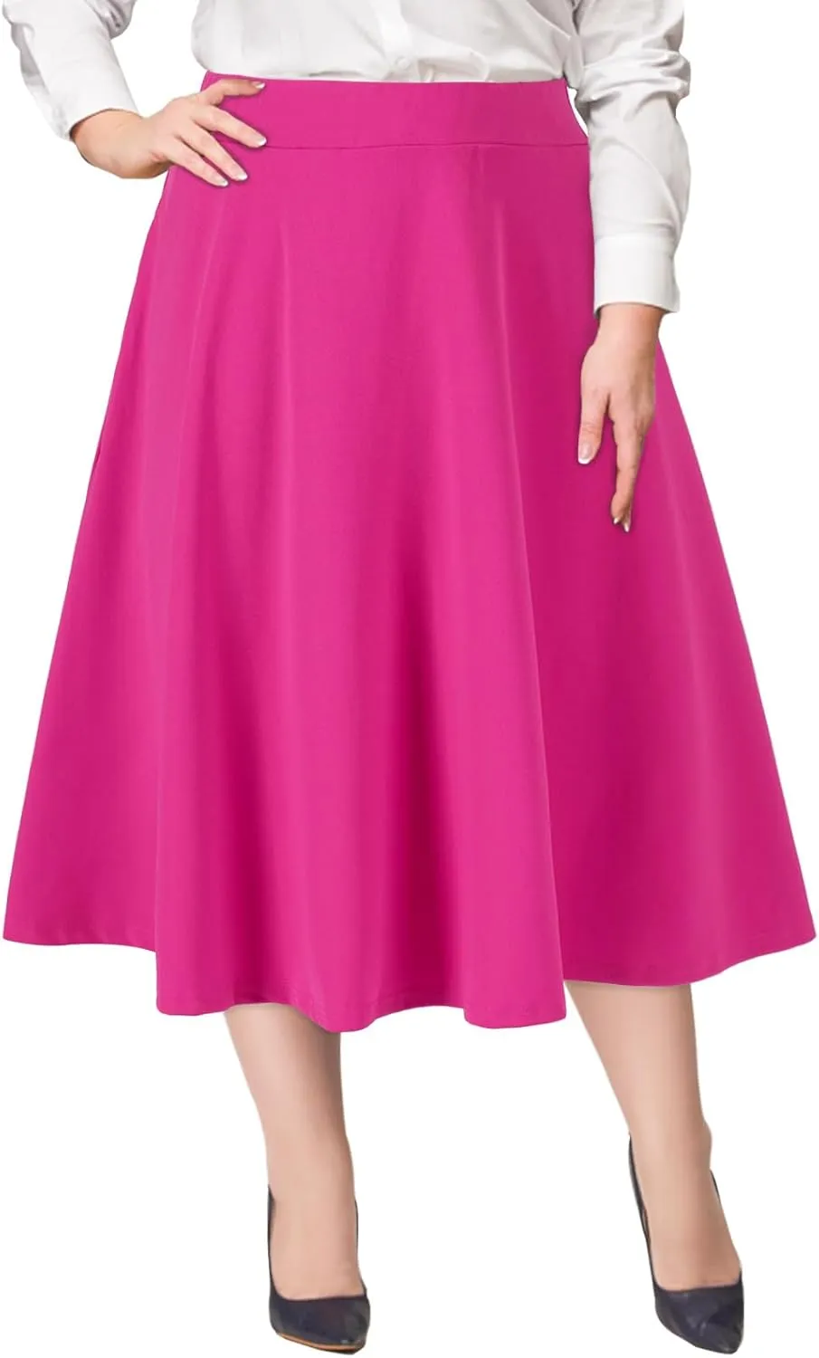 Moon Wood Women's Plus Size Midi Skirt High Elastic Waist A-Line Flared Skater Skirts with Pockets