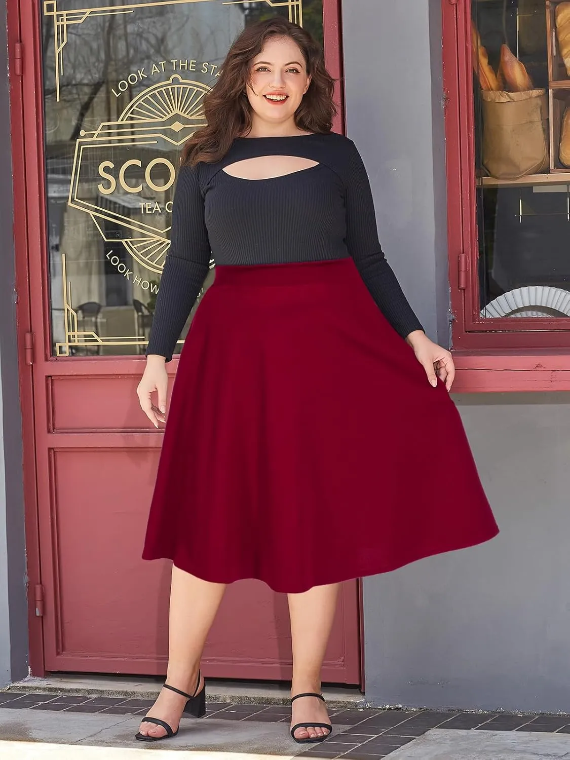 Moon Wood Women's Plus Size Midi Skirt High Elastic Waist A-Line Flared Skater Skirts with Pockets
