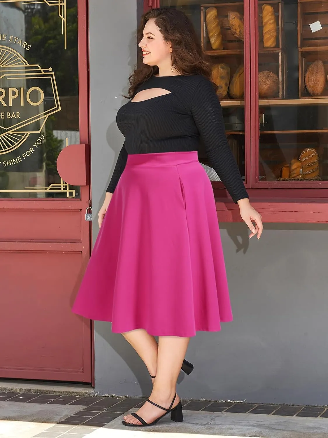 Moon Wood Women's Plus Size Midi Skirt High Elastic Waist A-Line Flared Skater Skirts with Pockets